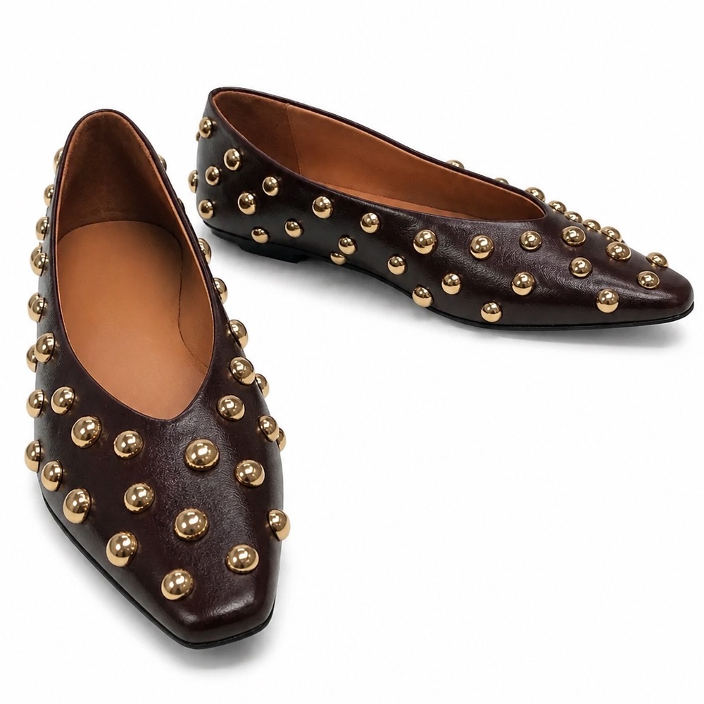 Intentionally Studded Pointed Toe Ballet Flats in Dark Brown with Gold Studs